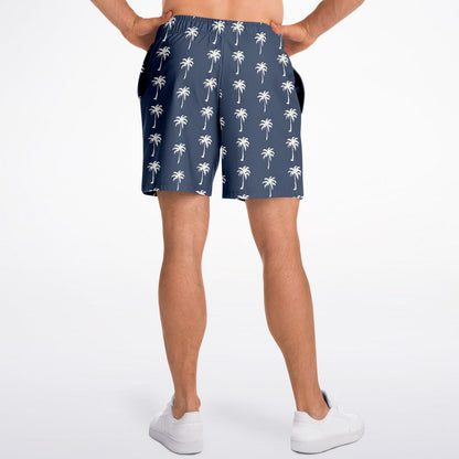 Palm Trees Men Shorts, Navy Blue Beach Male Casual with Pockets 7 Inch Inseam Drawstring Casual Designer Cool Summer