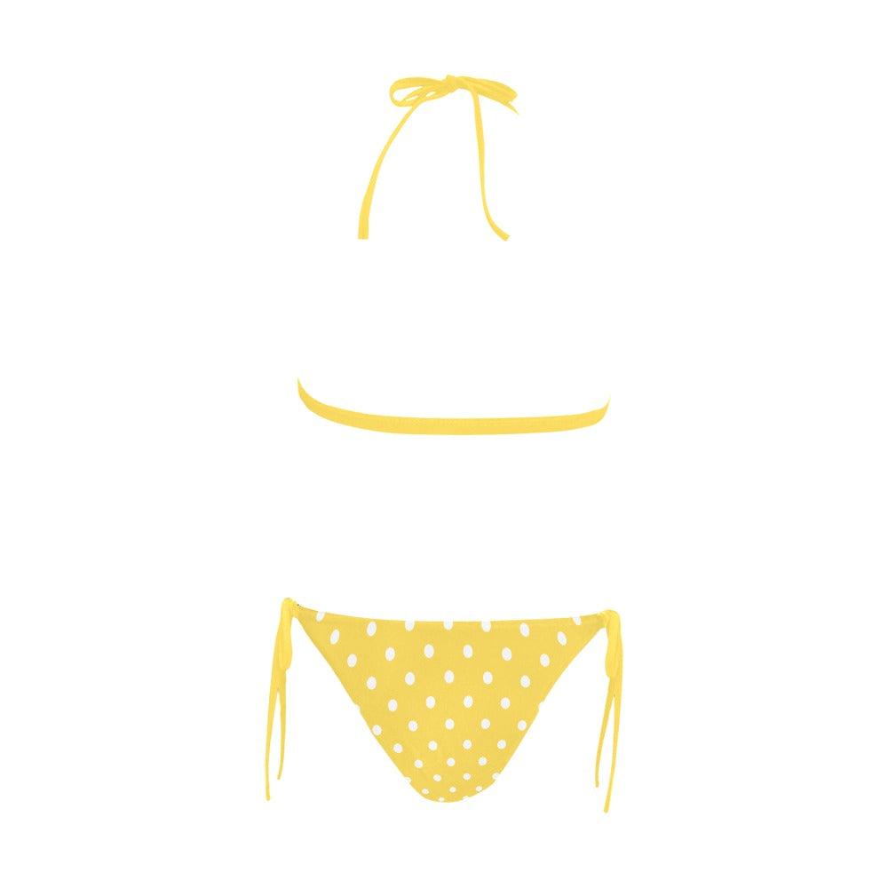 Yellow Polka Dots High Waisted Bikini Set, Women Front Buckle Bottom Bathing Suit Triangle Padded Top Halter Plus Size Swimsuit Swimwear