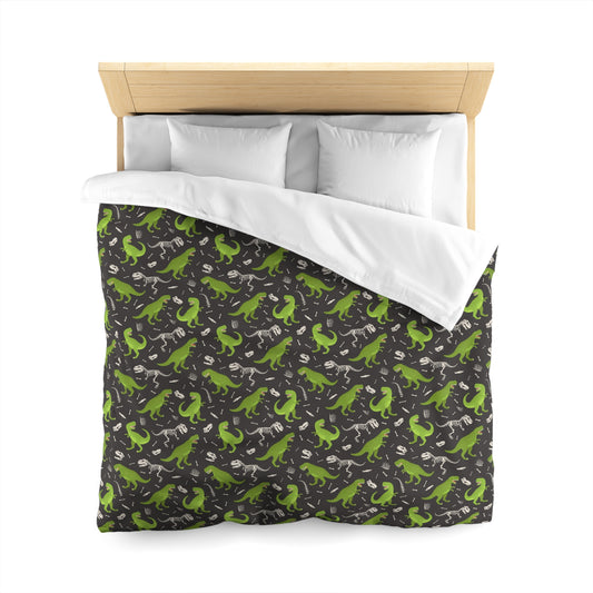 Dino Duvet Cover, Trex Dinosaur Skeletons Green Bedding Queen King Full Twin XL Microfiber Unique Designer Bed Quilt Bedroom Decor