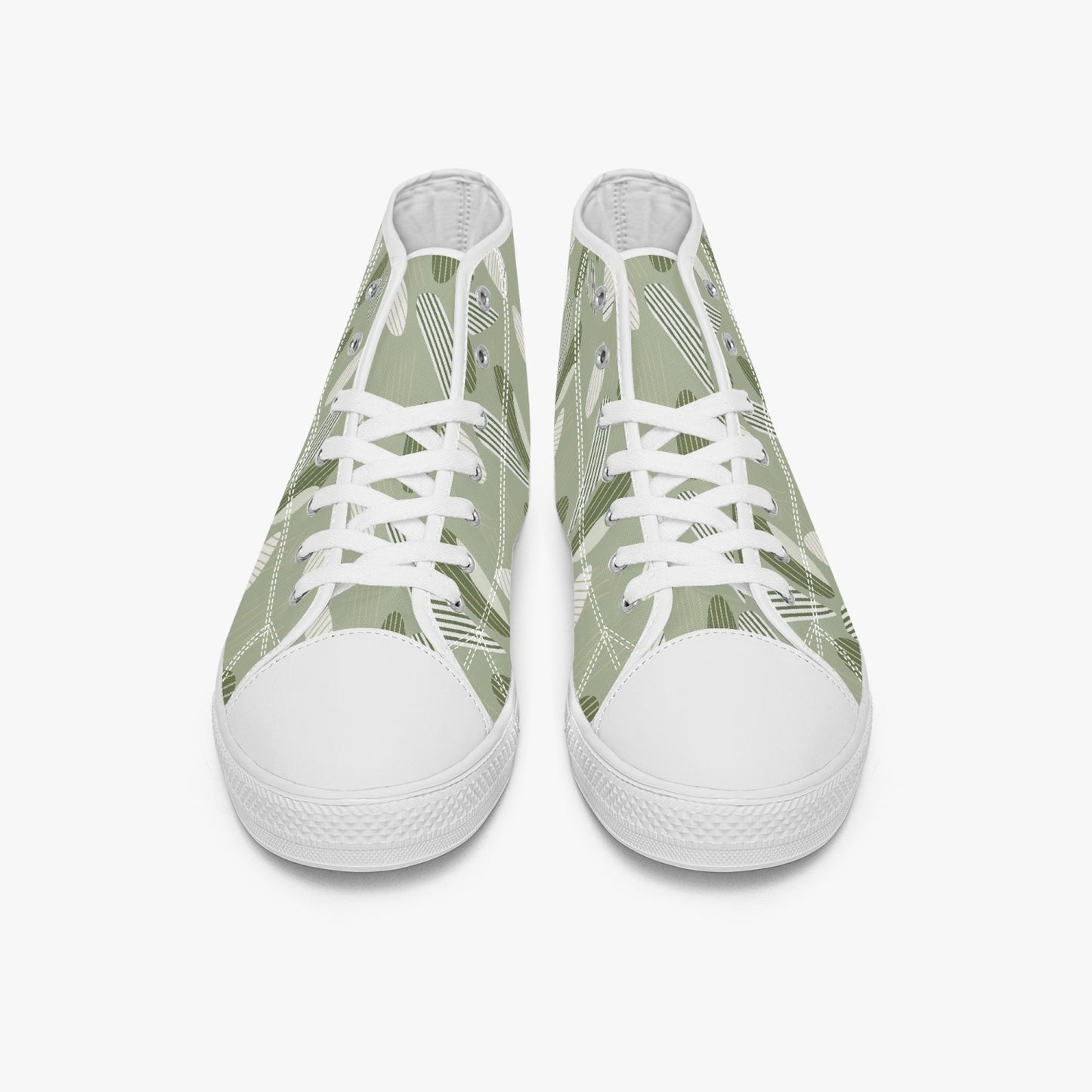 Sage Green High Top Shoes Sneakers, Minimalistic Boho Stripes Olive Men Women Lace Up Footwear Rave Canvas Streetwear Designer