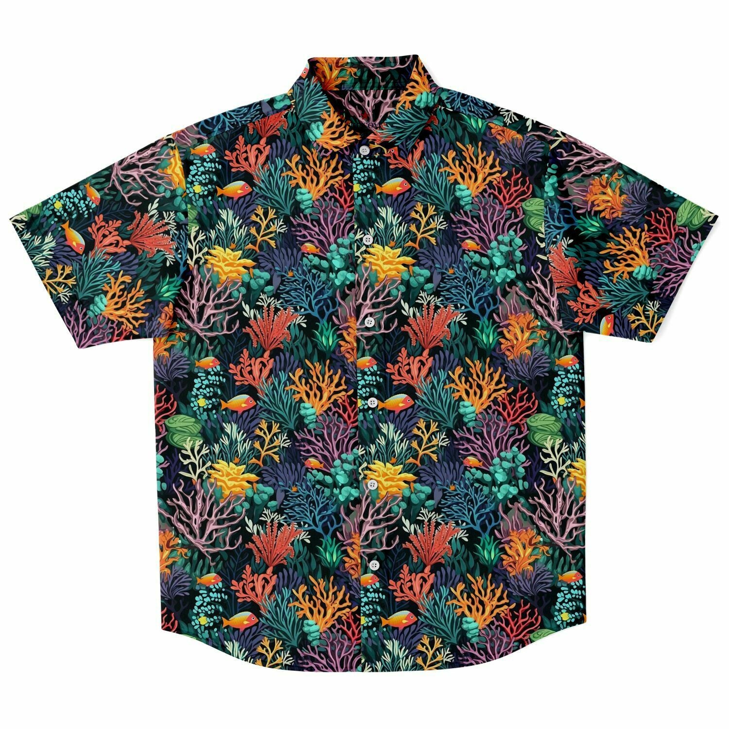 Coral Reef Short Sleeve Men Button Up Shirt, Sea Ocean Beach Tropical Fish Print Casual Buttoned Down Summer Collared Dress Shirt XL