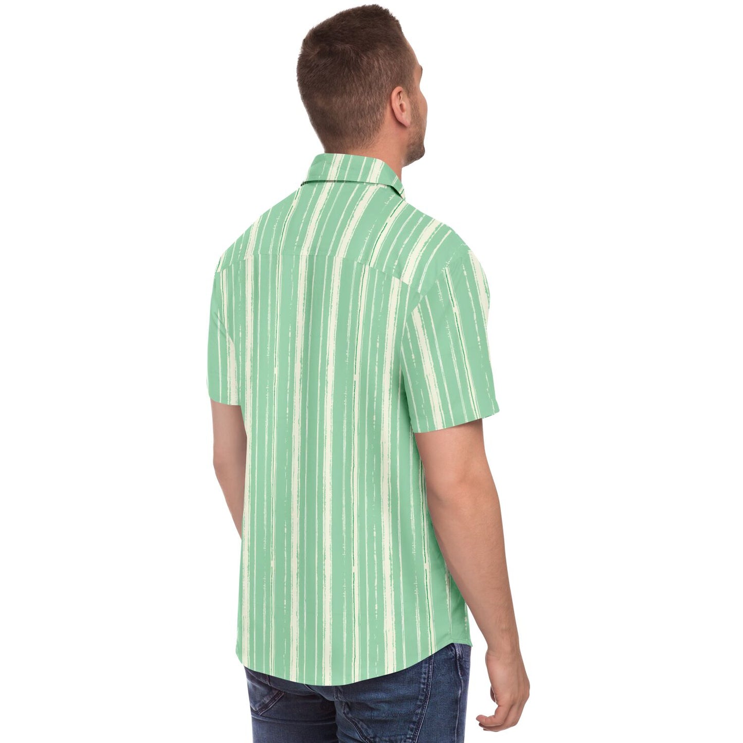 Mint Green Striped Men Button Up Shirt, Vertical Stripe Short Sleeve Print Casual Buttoned Down Summer Male Guys Collared Designer Dress