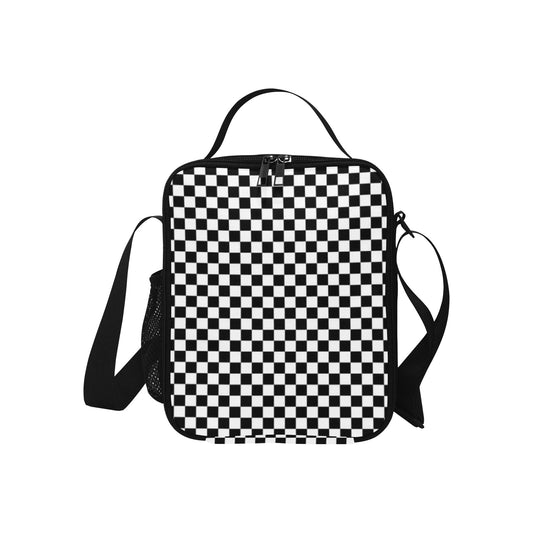 Checkered Insulated Kids Lunch Tote Box Bag, Black White Check Cute Food Container Children Teens Men Black School Work Handbag Boys Girls