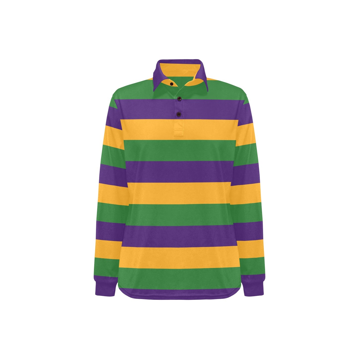 Mardi Grass Striped Women Long Sleeve Polo Shirt, Purple Green Gold Colored Designer Graphic Collared Crew Neck Ladies Female Tee Top Shirt