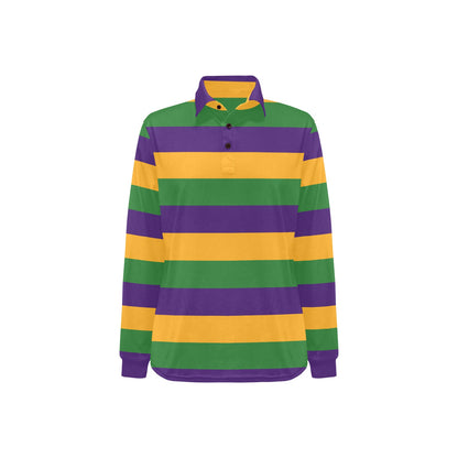 Mardi Grass Striped Women Long Sleeve Polo Shirt, Purple Green Gold Colored Designer Graphic Collared Crew Neck Ladies Female Tee Top Shirt