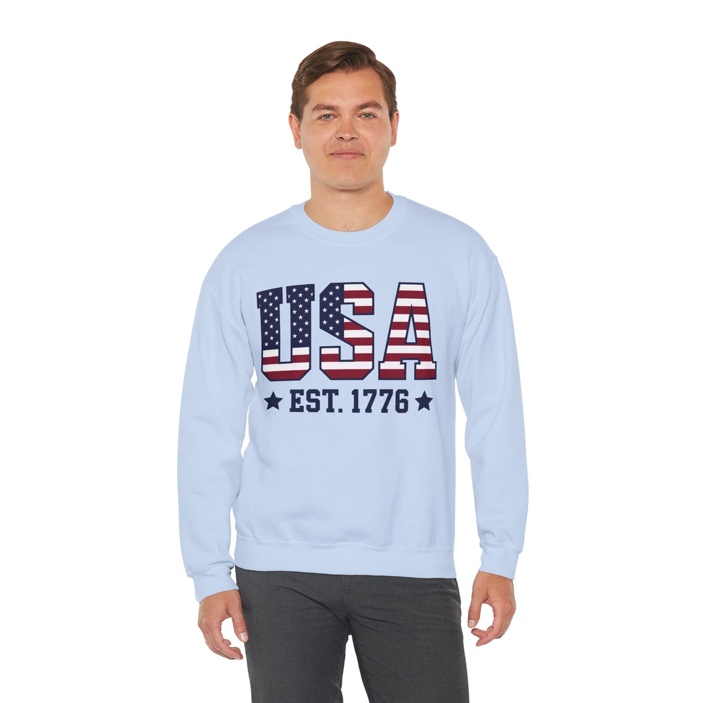 USA Est 1776 Sweatshirt, American Flag Stars Stripes Patriotic Retro Vintage Graphic Crewneck Cotton Sweater Jumper Pullover Men Women Top