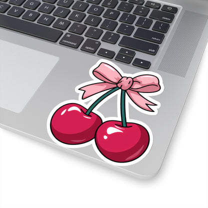 Red Cherry Coquette Sticker, Pink Bow Watercolor Decal Art Vinyl Laptop Cute Waterbottle Car Waterproof Bumper Clear Small Large Die Cut