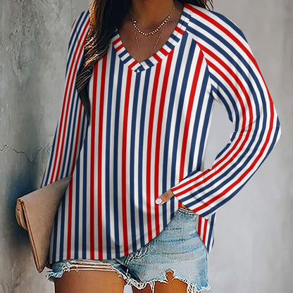 Red White Blue Women Long Sleeve Tshirt loose fit, Striped Vintage Relaxed V-neck Patriotic Designer Aesthetic Ladies Female Tee Top Shirt