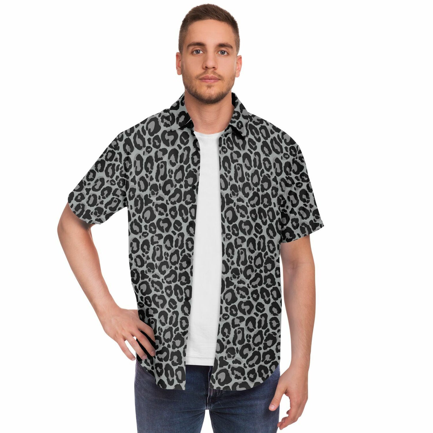 Grey Leopard Men Button Up Shirt, Animal Cheetah Print Short Sleeve Print Casual Buttoned Down Summer Male Guys Collared Designer Dress