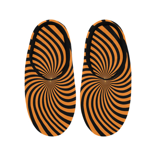 Orange Black Women's Slippers, Spiral Striped Halloween Ladies Indoor House Slide Bedroom Warm Winter Cozy Designer Slip On Cotton Shoes