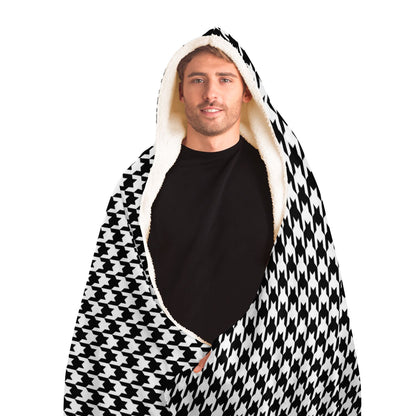 Houndstooth Hooded Blanket, Black White Sherpa Fleece Soft Fluffy Cozy Warm Adult Men Women Kids Large Wearable with Hood Gift