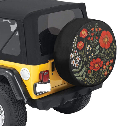 Red Flowers Spare Tire Cover, Faux Embroidery Botanical Plants Printed Floral Wheel Unique Backup Camera Hole Trailer Back Men Women RV Gift