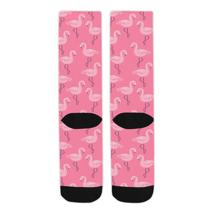 Pink Flamingo Socks, Tropical Bird Crew Sublimation Women Men Designer Fun Novelty Cool Funky Crazy Casual Unique Dress Socks