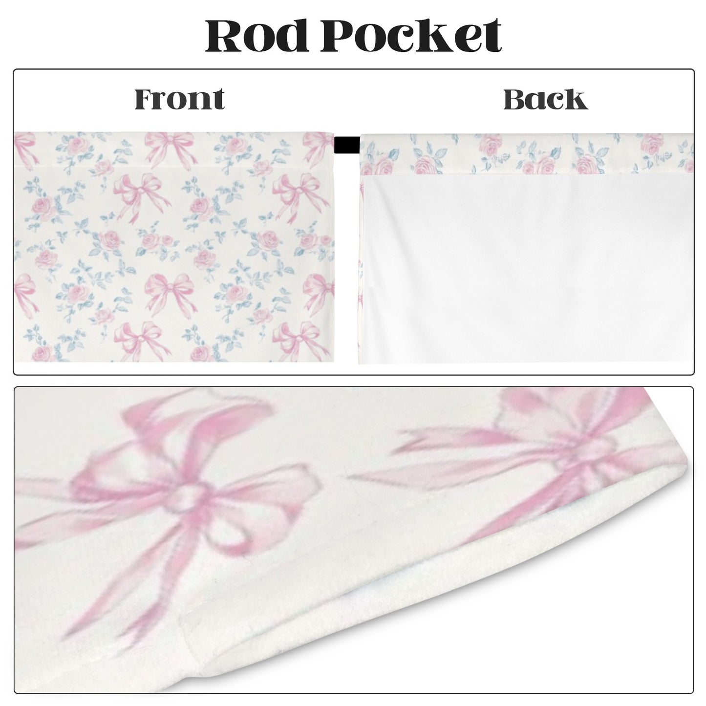 Pink Bows White Floral Modern Window Curtain, Flowers Coquette Kitchen Living Room Bedroom Bathroom Fabric Unique Rod Pocket Decor Home