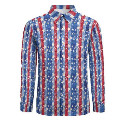 Red White Blue Stripes Stars Long Sleeve Men Button Up Shirt, America Flag Guys Print Buttoned Down Collared Casual Dress Shirt Chest Pocket