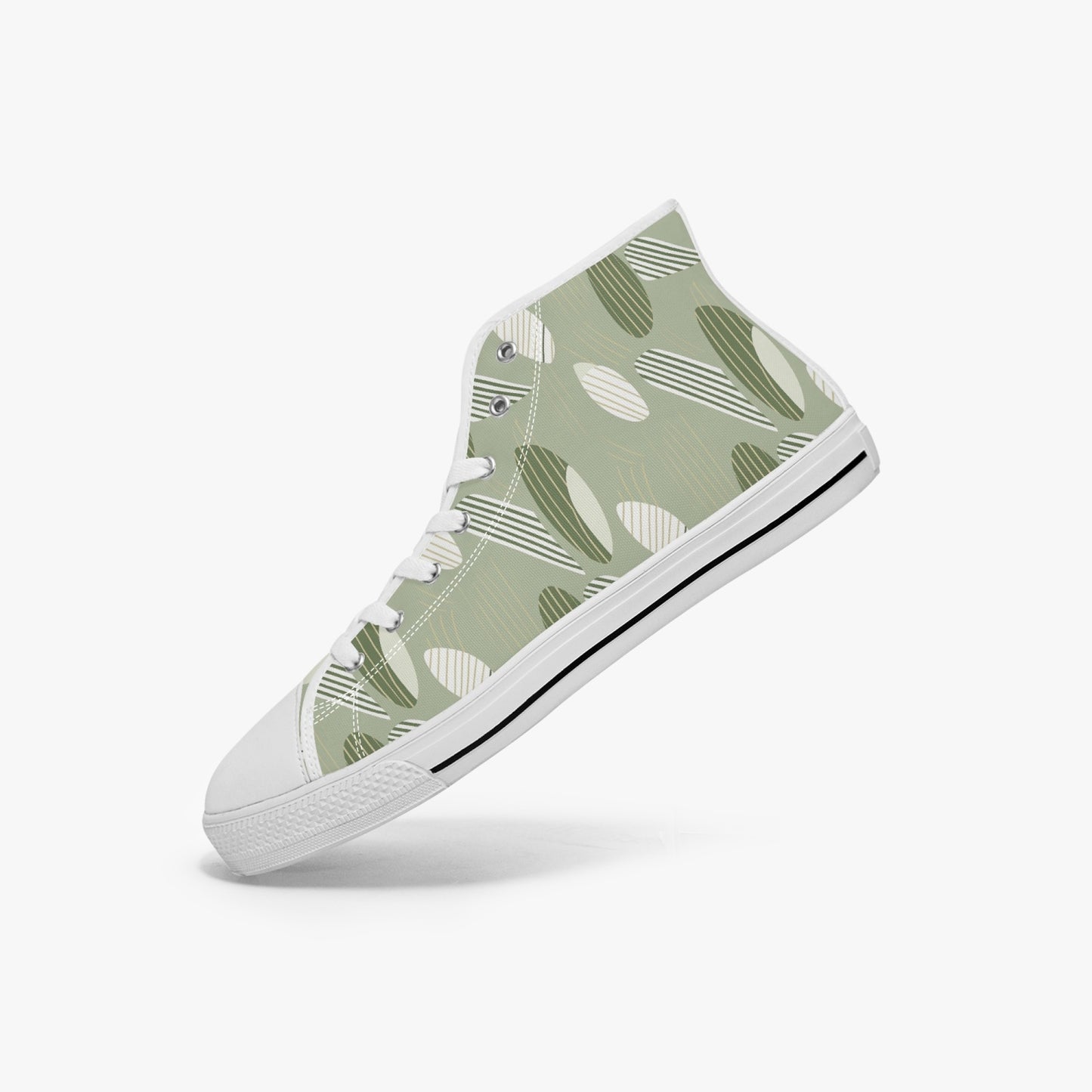 Sage Green High Top Shoes Sneakers, Minimalistic Boho Stripes Olive Men Women Lace Up Footwear Rave Canvas Streetwear Designer