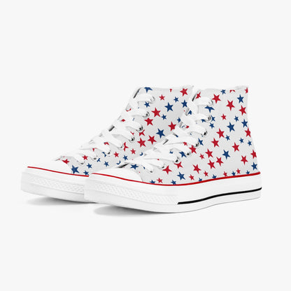 Red White Blue Stars High Top Shoes, American Flag USA Women Men Lace Up Sneakers 4th of July Footwear Canvas Ladies Trainers Designer