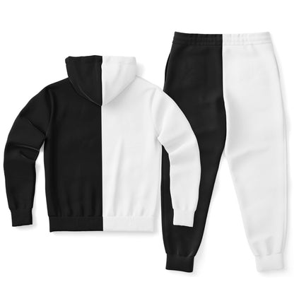 Half Black Half White Zip Hoodie Jogger Sweatsuit Set, Two Tone Split Zipper Lounge Hooded Sweatshirt Sweatpants Women Men Cotton Matching