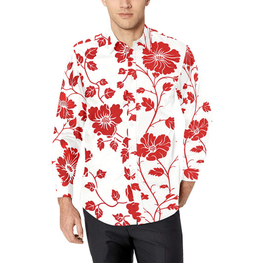 Red and White Floral Long Sleeve Men Button Up Shirt, Half Two Tone Print Guys Designer Casual Buttoned Collar Dress Shirt with Chest Pocket