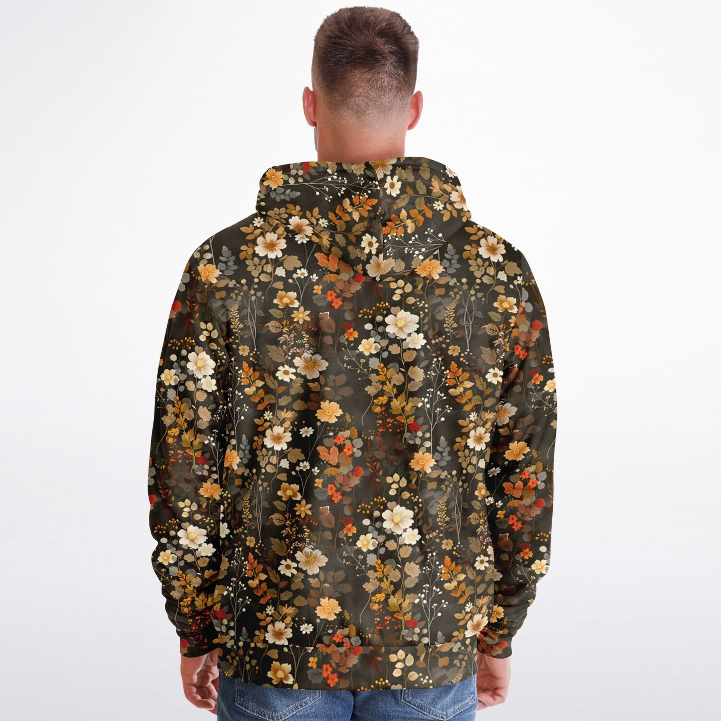 Floral Zip Up Fleece Lined Hoodie, Flowers Brown Heavyweight Full Zipper Pocket Men Women Ladies Unisex Aesthetic Hooded Sweatshirt Jacket