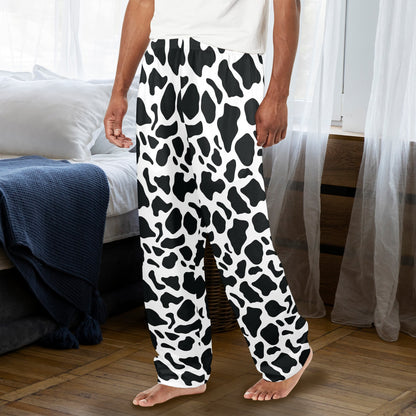 Cow Print Men Pajamas Pants, Black White Animal Satin PJ Pockets Sleep Trousers Sleepwear Guys Male Adult Long Lounge Trousers Bottoms