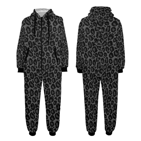 Black Leopard One Piece Men Pajama, Grey Animal Cheetah Print Adult Bodysuit Women Ladies Flannel Long Hooded PJ Romper Plus Size Loungewear