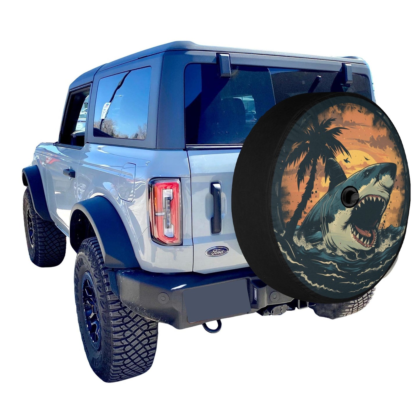 Great White Shark Bite Tire Cover, Ocean Funny Beach Extra Spare Wheel Backup Camera Hole Unique Design RV Back Men Women Camper Trailer