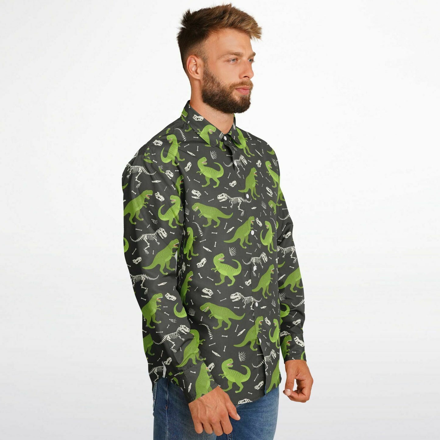 Dinosaur Long Sleeve Men Button Up Shirt, Skeleton Dino Green Guys Male Print Buttoned Down Collared Funny Graphic Casual Dress Shirt