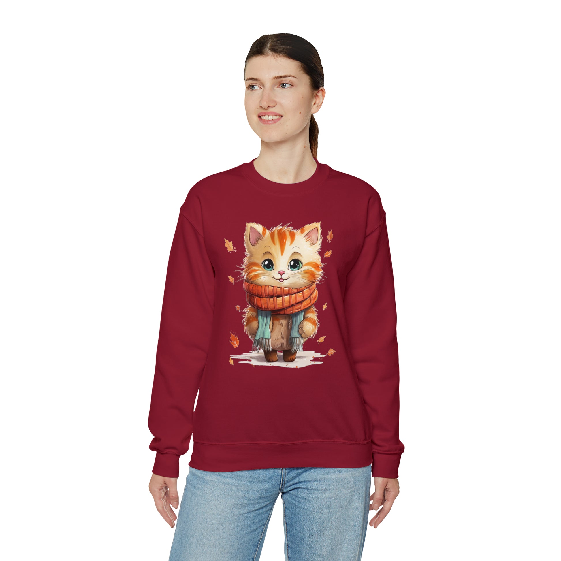 Cat Scarf Sweatshirt, Kitten Fall Autumn Leaves Graphic Crewneck Fleece Cotton Sweater Jumper Pullover Men Women Adult Aesthetic Top Starcove Fashion