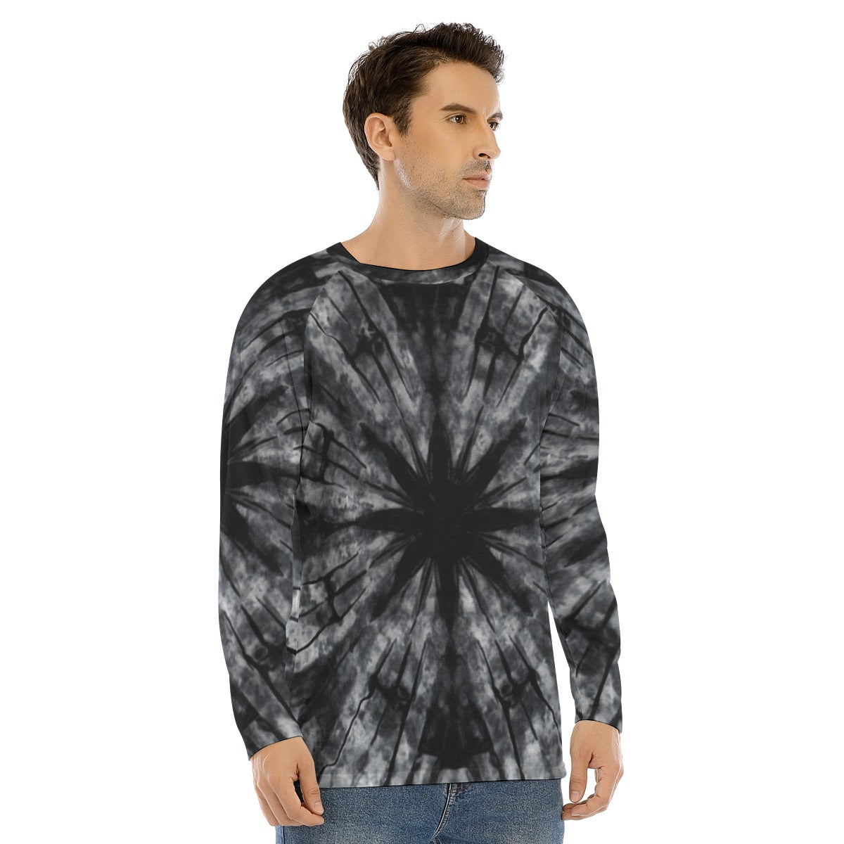 Black Grey Tie Dye Men Long Sleeve Tshirt, Raglan Unisex Guys Male Women Designer Graphic Aesthetic Printed Crew Neck Fitted Tee Shirt