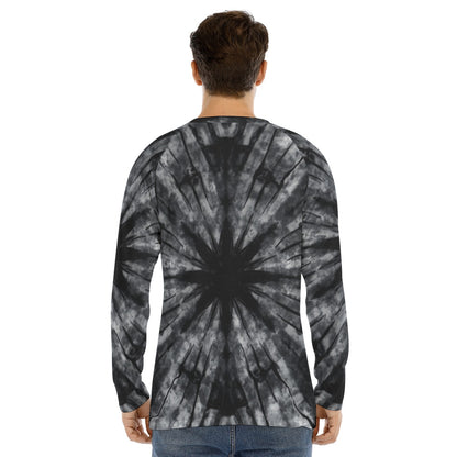 Black Grey Tie Dye Men Long Sleeve Tshirt, Raglan Unisex Guys Male Women Designer Graphic Aesthetic Printed Crew Neck Fitted Tee Shirt