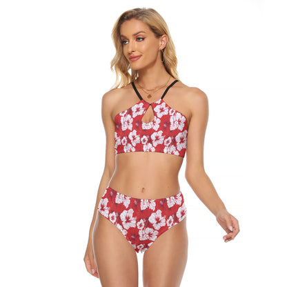 Red Hibiscus Women Cami Keyhole Bikini Set, Floral Flowers Hawaiian Cheeky Bottom Bandeau String Two Piece Swimsuit Swimming Suit Plus Size