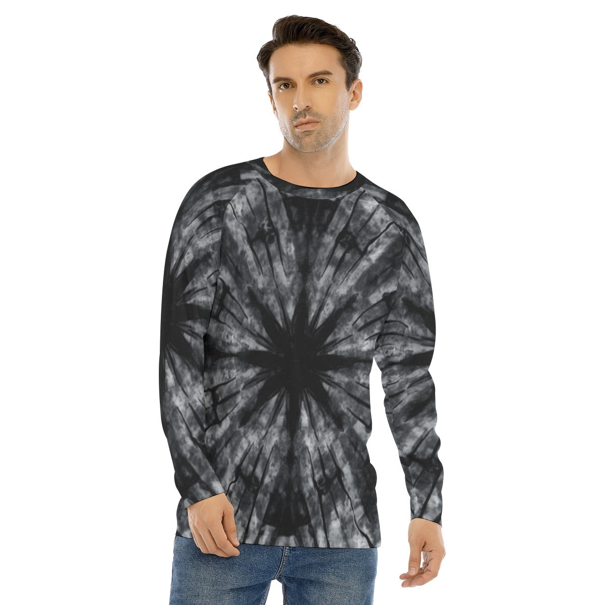 Black Grey Tie Dye Men Long Sleeve Tshirt, Raglan Unisex Guys Male Women Designer Graphic Aesthetic Printed Crew Neck Fitted Tee Shirt