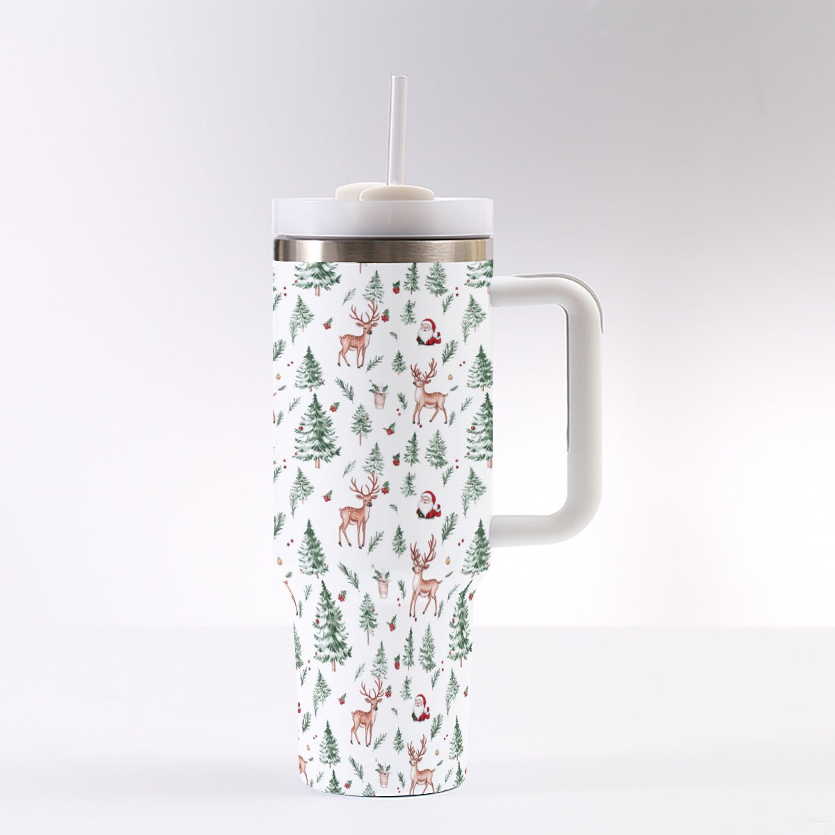 White Christmas 40 oz Tumbler Handle Straw, Xmas Tree Holiday Reindeer Santa Stainless Steel Cup Travel Mug Coffee Insulated Sublimation