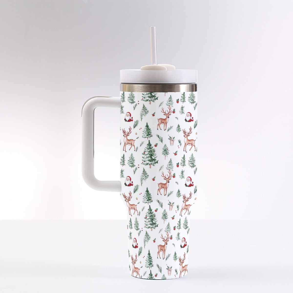 White Christmas 40 oz Tumbler Handle Straw, Xmas Tree Holiday Reindeer Santa Stainless Steel Cup Travel Mug Coffee Insulated Sublimation