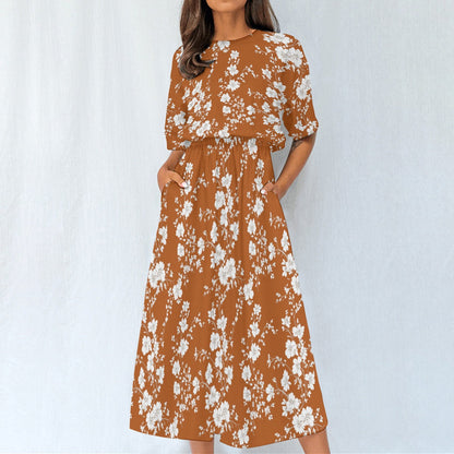 Floral Brown Orange Women Maxi Dress, Fall Flowers Elastic Waist Flowy Long Ankle Length Short Sleeve Pockets Boho Cute Ladies Designer