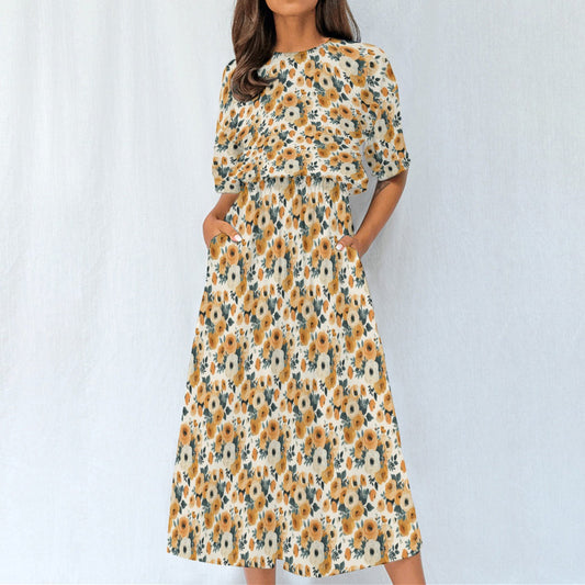 Brown Gold Floral Women Maxi Dress, Fall Flowers Elastic Waist Flowy Long Ankle Length Short Sleeve Pockets Spring Summer Ladies Designer