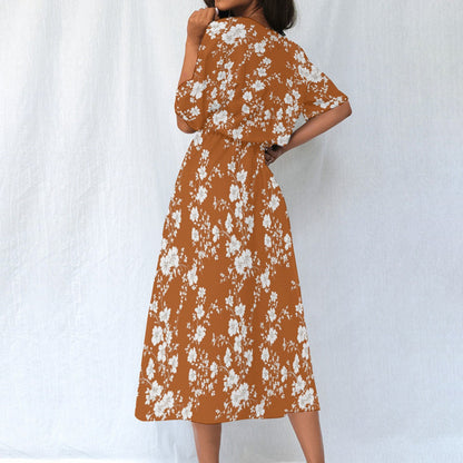 Floral Brown Orange Women Maxi Dress, Fall Flowers Elastic Waist Flowy Long Ankle Length Short Sleeve Pockets Boho Cute Ladies Designer