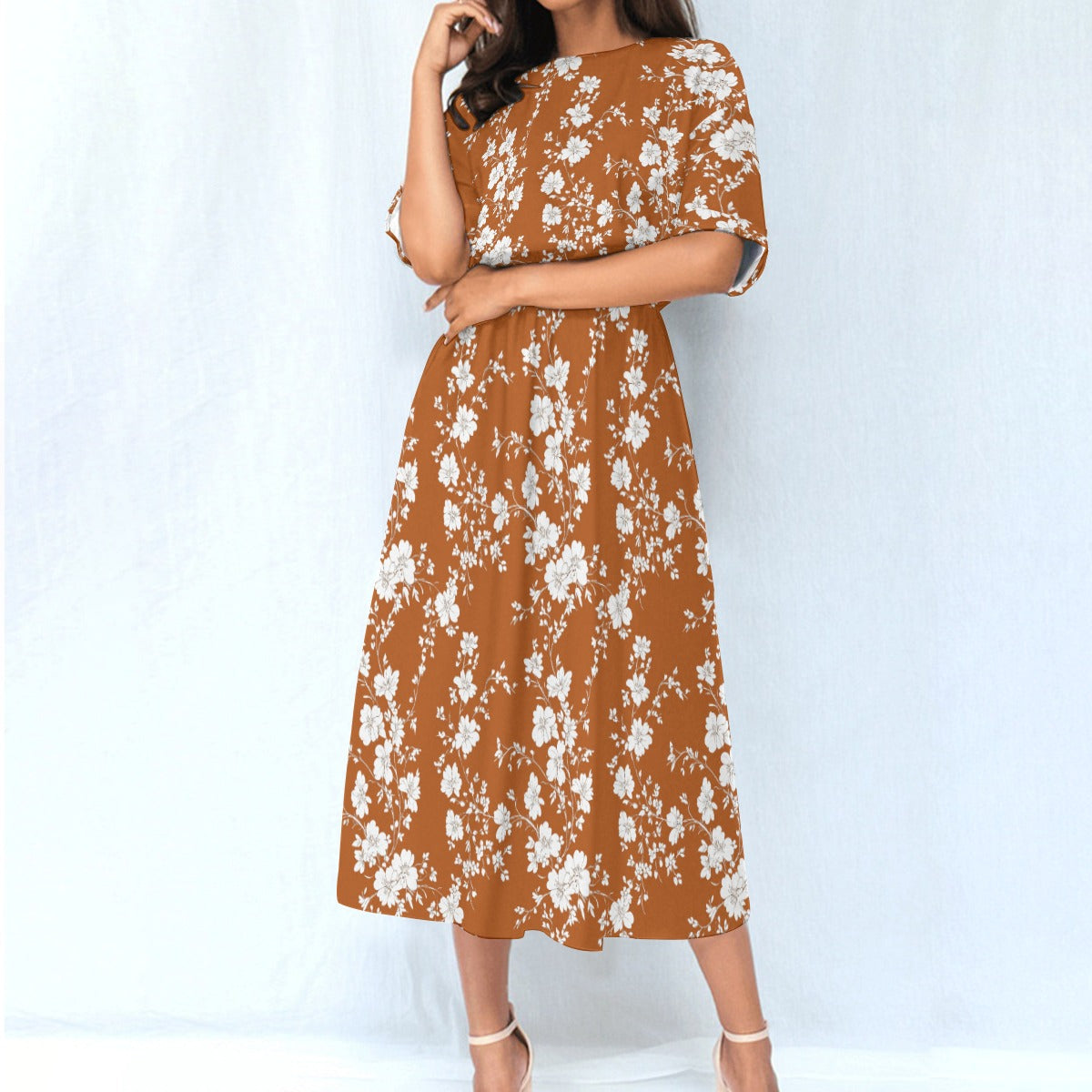 Floral Brown Orange Women Maxi Dress, Fall Flowers Elastic Waist Flowy Long Ankle Length Short Sleeve Pockets Boho Cute Ladies Designer