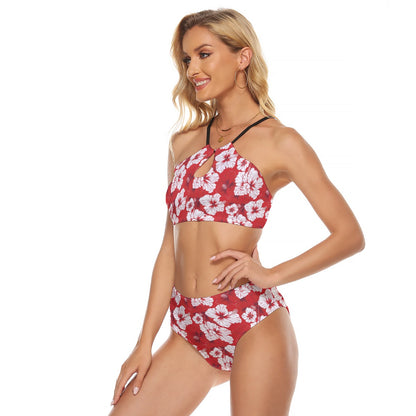 Red Hibiscus Women Cami Keyhole Bikini Set, Floral Flowers Hawaiian Cheeky Bottom Bandeau String Two Piece Swimsuit Swimming Suit Plus Size