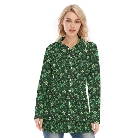 Emerald Green Floral Long Sleeve Shirt Women, Flowers Button Up Ladies Blouse Print Buttoned Down Collared Casual Dress Top