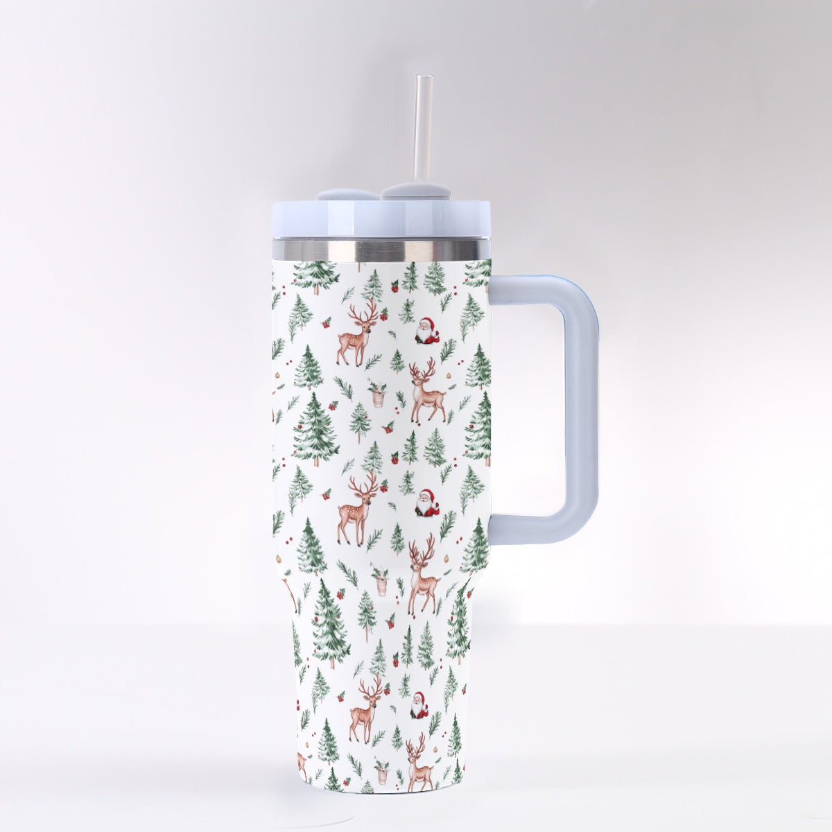 White Christmas 40 oz Tumbler Handle Straw, Xmas Tree Holiday Reindeer Santa Stainless Steel Cup Travel Mug Coffee Insulated Sublimation