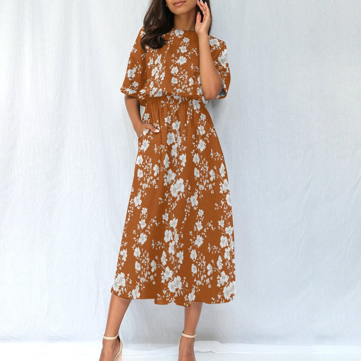 Floral Brown Orange Women Maxi Dress, Fall Flowers Elastic Waist Flowy Long Ankle Length Short Sleeve Pockets Boho Cute Ladies Designer