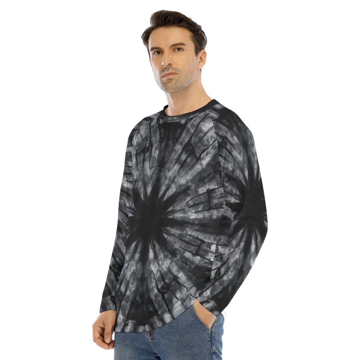 Black Grey Tie Dye Men Long Sleeve Tshirt, Raglan Unisex Guys Male Women Designer Graphic Aesthetic Printed Crew Neck Fitted Tee Shirt