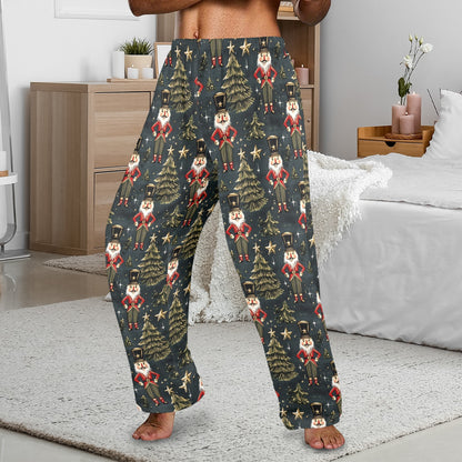 Nutcracker Christmas Men Pajamas Pants, Xmas Trees Green Gold Stars PJ Pockets Sleep Lounge Trousers Guys Male Matching Sleepwear Bottoms