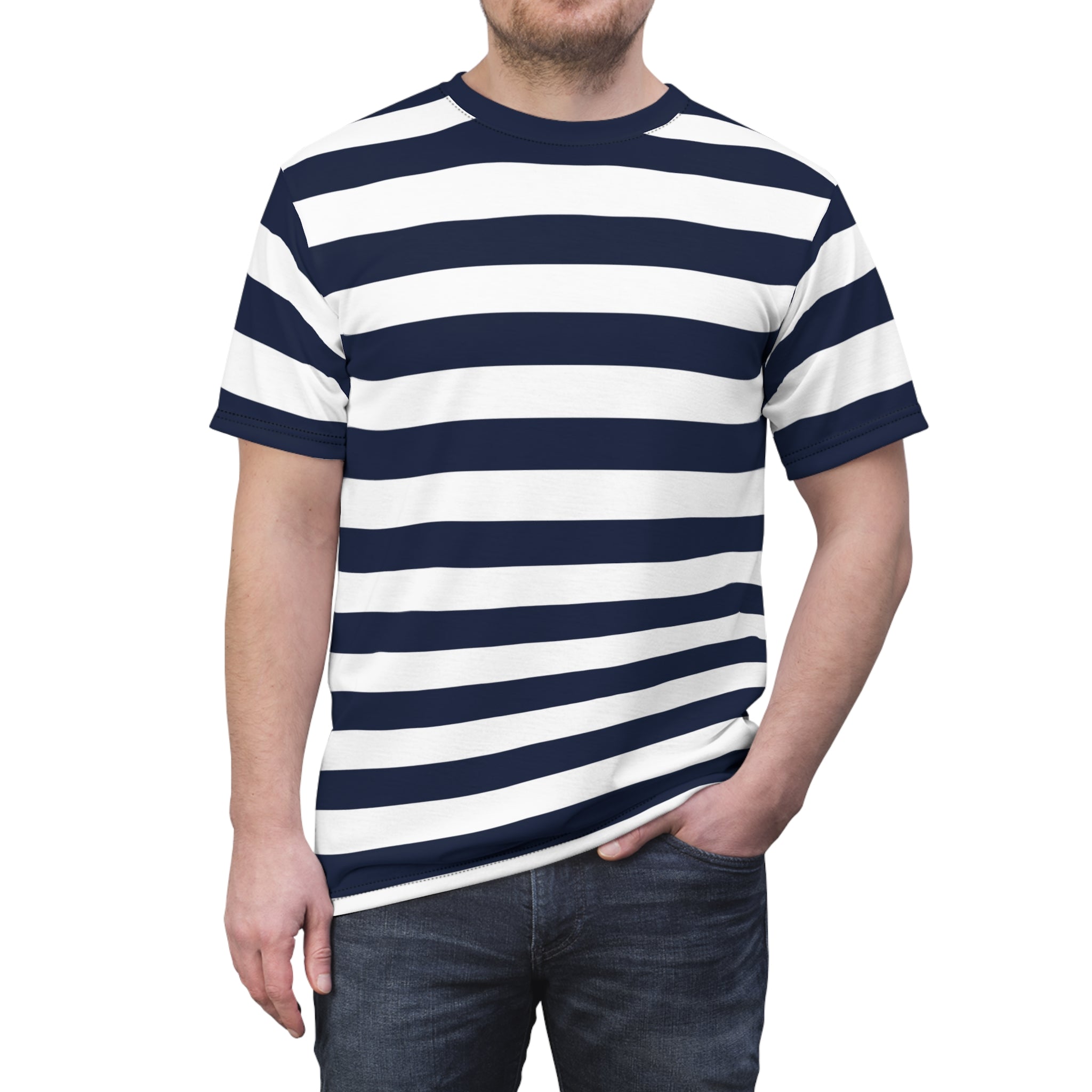 Starcove Blue and White Striped Tshirt Navy Wide Horizontal Stripe Designer Aesthetic Crewneck Men Women Tee Top Short Sleeve Shirt Black Stitching 6 oz