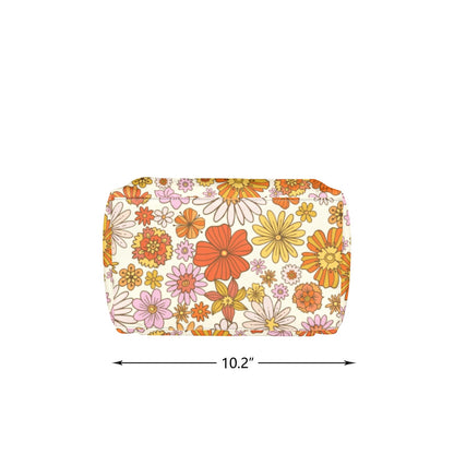 Retro Floral Insulated Lunch Box Bag Tote, Pink Orange Flowers Cute Food Container Adult Kids Women Teens Men Black School Work Handbag