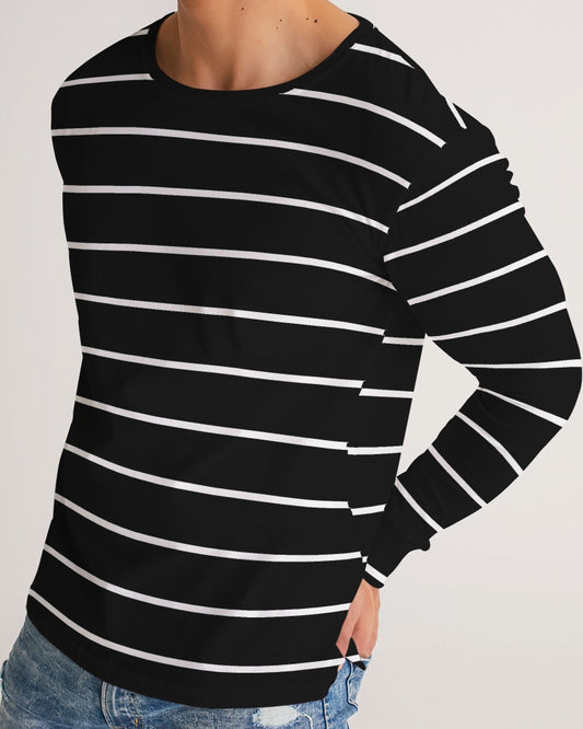 Black White Striped Men Long Sleeve Tshirt, Wide Thin Stripe Unisex Guys Women Designer Graphic Aesthetic Printed Crew Neck Tee