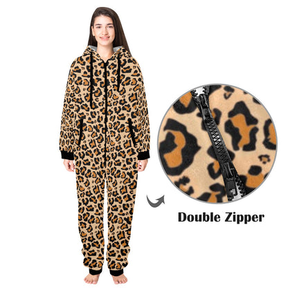 Leopard One Piece Men Pajama, Animal Cheetah Print Adult Bodysuit Women Ladies Flannel Long Hooded PJ Romper Plus Size Matching Loungewear