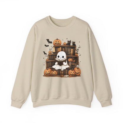 Ghost Reading Books Sweatshirt, Library Halloween Pumpkins Boo School Teacher Graphic Crewneck Cotton Sweater Jumper Pullover Men Women Top